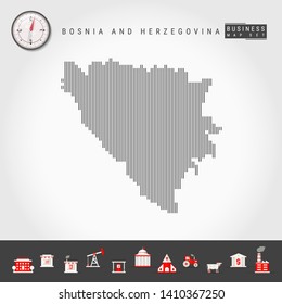 Vector Vertical Lines Pattern Map of Bosnia and Herzegovina. Striped Simple Silhouette. Realistic Vector Compass. Business Infographic Icons.