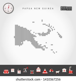 Vector Vertical Lines Pattern Map of Papua New Guinea. Striped Simple Silhouette of Papua New Guinea. Realistic Compass. Business Infographic Icons.