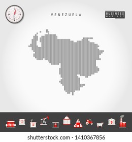 Vector Vertical Lines Pattern Map of Venezuela. Striped Simple Silhouette of Venezuela. Realistic Vector Compass. Business Infographic Icons.