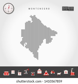 Vector Vertical Lines Pattern Map of Montenegro. Striped Simple Silhouette of Montenegro. Realistic Vector Compass. Business Infographic Icons.