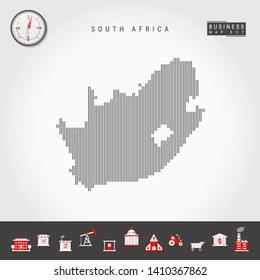 Vector Vertical Lines Pattern Map of South Africa. Striped Simple Silhouette of South Africa. Realistic Vector Compass. Business Infographic Icons.