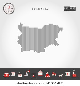Vector Vertical Lines Pattern Map of Bulgaria. Striped Simple Silhouette of Bulgaria. Realistic Vector Compass. Business Infographic Icons.