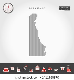 Vector Vertical Lines Pattern Map of Delaware. Striped Simple Silhouette of Delaware. Realistic Compass. Business Infographic Icons.