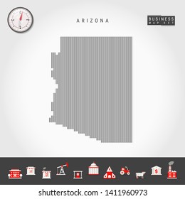 Vector Vertical Lines Pattern Map of Arizona. Striped Simple Silhouette of Arizona. Realistic Compass. Business Infographic Icons.