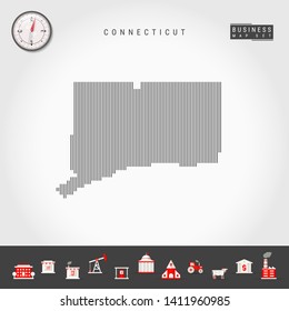 Vector Vertical Lines Pattern Map of Connecticut. Striped Simple Silhouette of Connecticut. Realistic Compass. Business Infographic Icons.