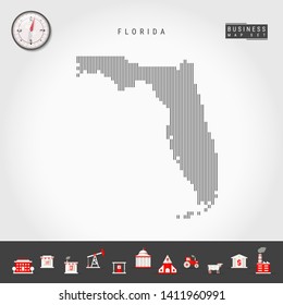 Vector Vertical Lines Pattern Map of Florida. Striped Simple Silhouette of Florida. Realistic Compass. Business Infographic Icons.