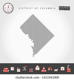 Vector Vertical Lines Pattern Map of District of Columbia. Striped Simple Silhouette of Washington, DC. Realistic Compass. Business Infographic Icons.