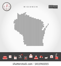 Vector Vertical Lines Pattern Map of Wisconsin. Striped Simple Silhouette of Wisconsin. Realistic Compass. Business Infographic Icons.