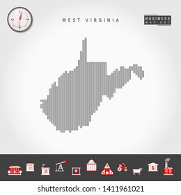 Vector Vertical Lines Pattern Map of West Virginia. Striped Simple Silhouette of West Virginia. Realistic Compass. Business Infographic Icons.