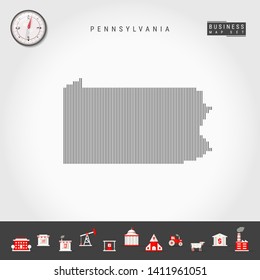 Vector Vertical Lines Pattern Map of Pennsylvania. Striped Simple Silhouette of Pennsylvania. Realistic Compass. Business Infographic Icons.