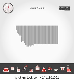 Vector Vertical Lines Pattern Map of Montana. Striped Simple Silhouette of Montana. Realistic Compass. Business Infographic Icons.