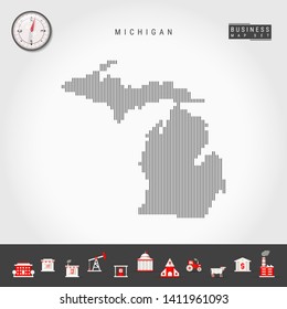 Vector Vertical Lines Pattern Map of Michigan. Striped Simple Silhouette of Michigan. Realistic Compass. Business Infographic Icons.