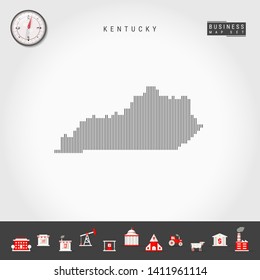Vector Vertical Lines Pattern Map of Kentucky. Striped Simple Silhouette of Kentucky. Realistic Compass. Business Infographic Icons.