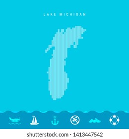 Vector Vertical Lines Pattern Map of Lake Michigan, One of the Five Great Lakes of North America. Striped Simple Silhouette of Lake Michigan. Lifeguard, Watercraft Icons.
