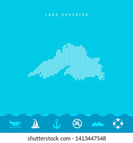 Vector Vertical Lines Pattern Map of Lake Superior, One of the Five Great Lakes of North America. Striped Simple Silhouette of Lake Superior. Lifeguard, Watercraft Icons.