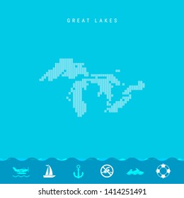 Vector Vertical Lines Pattern Map of all Great Lakes, One of the Lakes of North America. Striped Simple Silhouette of all Great Lakes. Lifeguard, Watercraft Icons.