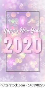 Vector vertical magic christmas web banner with bokeh and rose gold text Happy New Year 2020. Cute fairy poster with snowflake.