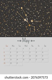 Vector vertical May 2022 calendar a with golden zodiac constellation and stars on a black background. A3, A2 poster with a horoscope Taurus sign. Planner with dates of one month