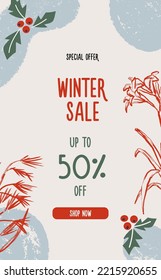 Vector vertical modern hand drawn Christmas sale banner with various abstract seasonal elements.