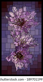 Vector vertical mosaic with blooming purple Catananche flowers in stained glass window.