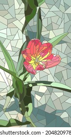 Vector vertical mosaic with large cells of red tulip flowers on green.