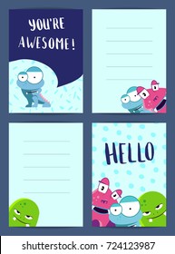 Vector vertical note cards banner poster set with pozitive writing, cute monsters on circles and blots backgrounds illustration