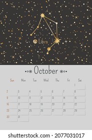 Vector vertical October 2022 calendar with golden zodiac constellation and stars on a black background. A3, A2 poster with horoscope libra sign. Planner with illustration and dates of one month