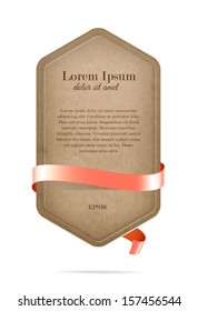 Vector vertical old paper cardboard banner with pale pink silky ribbon