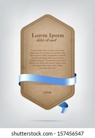Vector vertical old paper cardboard banner with pale blue silky ribbon