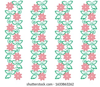 Vector vertical ornament of red flowers and green leaves for design. Seamless background, abstraction