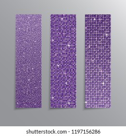 Vector vertical party, holiday, invite cards, flyers, brochures, booklets. Purple sequins, glitters, sparkles, paillettes. Disco party card with shiny sequins. Music light. Sequins dot glitter texture