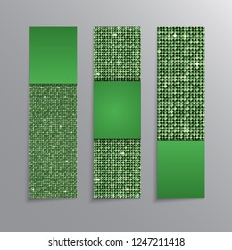 Vector vertical party, holiday, invite cards, flyers, brochures, booklets. Green sequins, glitters, sparkles, paillettes. Disco party card with shiny sequins. Music light. Sequins dot glitter texture.