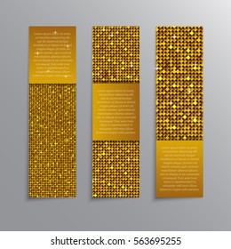 Vector vertical party, holiday, invite cards, flyers, brochures, booklets. Gold sequins, glitters, sparkles, paillettes. Disco party card with shiny sequins. Music light. Sequins dot glitter texture.