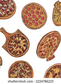 Vector vertical  pattern with pizza, stylish food color  cover for fabric, postcards, wallpapers,graphical vector illustration. Fast food and menu background design