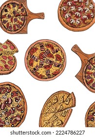 Vector vertical  pattern with pizza, stylish food color  cover for fabric, postcards, wallpapers,graphical vector illustration. Fast food and menu background design