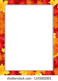 Vector vertical photo frame, border with fallen autumn leafage on white background with copy space for text. Abstract autumnal template with maple leaves. Fall season greeting card, poster, flyer.