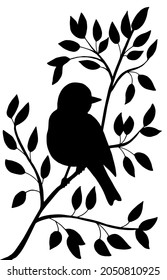 Imagen vertical vectorial con una silueta negra de un pájaro en una rama sobre un fondo blanco