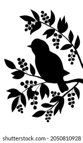 Imagen vertical vectorial con una silueta negra de un pájaro en una rama sobre un fondo blanco