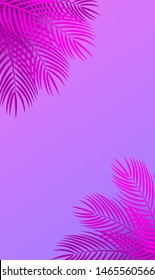 Vector vertical pink purple neon background with palm leaves and copy space. Tropical pink leaves on vibrant neon colors backdrop. Concept art, surrealism background. Summer template for text, stories