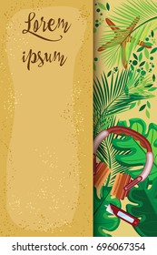 Vector vertical postcard with headphones and tropical leaves on a sandy background