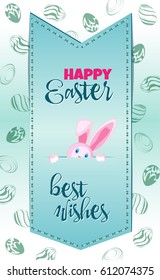 Vector vertical postcard on the feast of Easter. Stitched parchment with a peeping rabbit against a gradient background and scattered ornamental eggs.