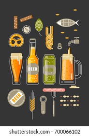 Vector vertical poster for  beer festival. Bottles and glasses of beer, accessories and snacks on black background.