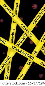 Vector vertical poster Coronavirus covid-19 or 2019-nCoV quarantine with yellow tapes on black background. Isolation of countries. Border closed. Pandemic Novel corona virus COVID-19 disease banner.