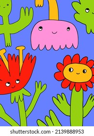 vector vertical poster with flowers characters.Hippie psychedelic aesthetics - interior poster.Funky groovy wallpaper.Floral cute print in the style of the 80s and 70s.cartoon postcard with dudes