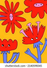 vector vertical poster with flowers characters.Hippie psychedelic aesthetics - interior poster.Funky groovy wallpaper.Floral cute print in the style of the 80s and 70s.cartoon postcard with dudes