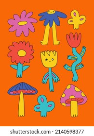 vector vertical poster with flowers characters.Hippie psychedelic aesthetics - interior poster.Funky groovy wallpaper.Floral cute print in the style of the 80s and 70s.cartoon postcard with dudes