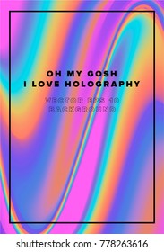 Vector vertical poster with holographic texture (polarization effect) on background.