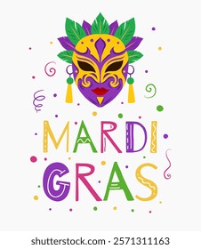 Vector vertical poster with masquerade mask, confetti and lettering on white background. Mardi Gras celebration. Fat Tuesday. Decoration for parade, carnival. Banner for your creativity