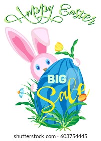 Vector vertical poster on sale for the holiday of Easter. A pink rabbit peeks out because of a painted egg with an inscription of a big sale. Against the background of grass