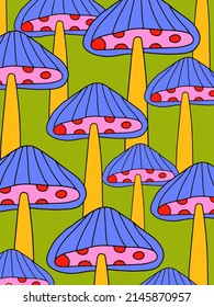 vector vertical poster with psychedelic mushroom.cartoon postcard with fungus.Hippie nostalgia aesthetics - interior poster.Funky groovy wallpaper.Floral cute print in the style of the 80s and 70s.